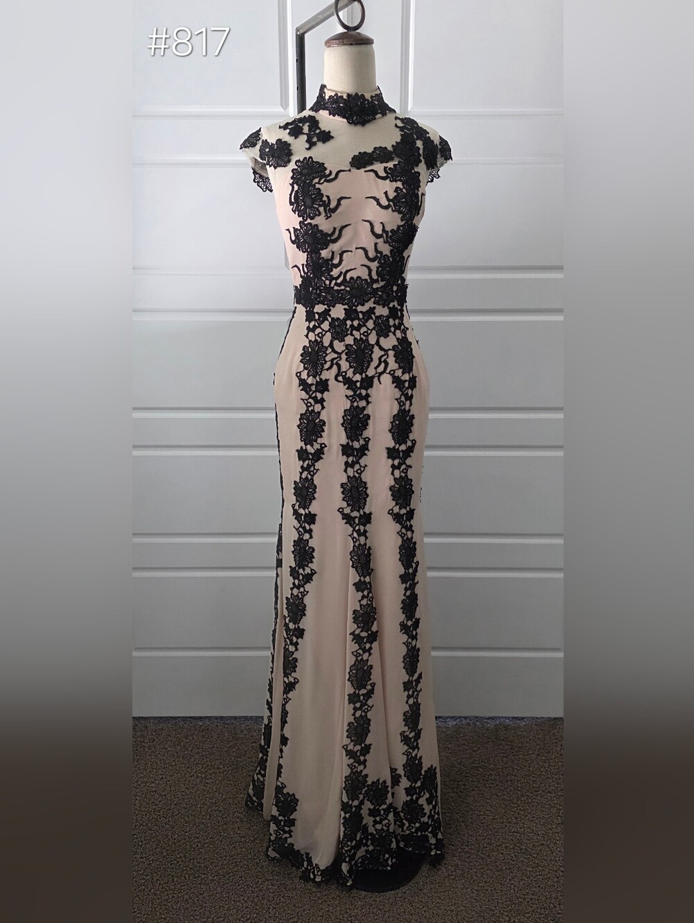 Tan and Black Lace Fit & Flare Evening Gown